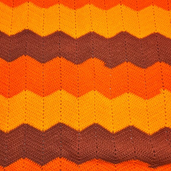 Homemade Crocheted Chevron Zig Zag Afghan Throw Blanket Retro Brown 59" x 55" - Picture 10 of 15